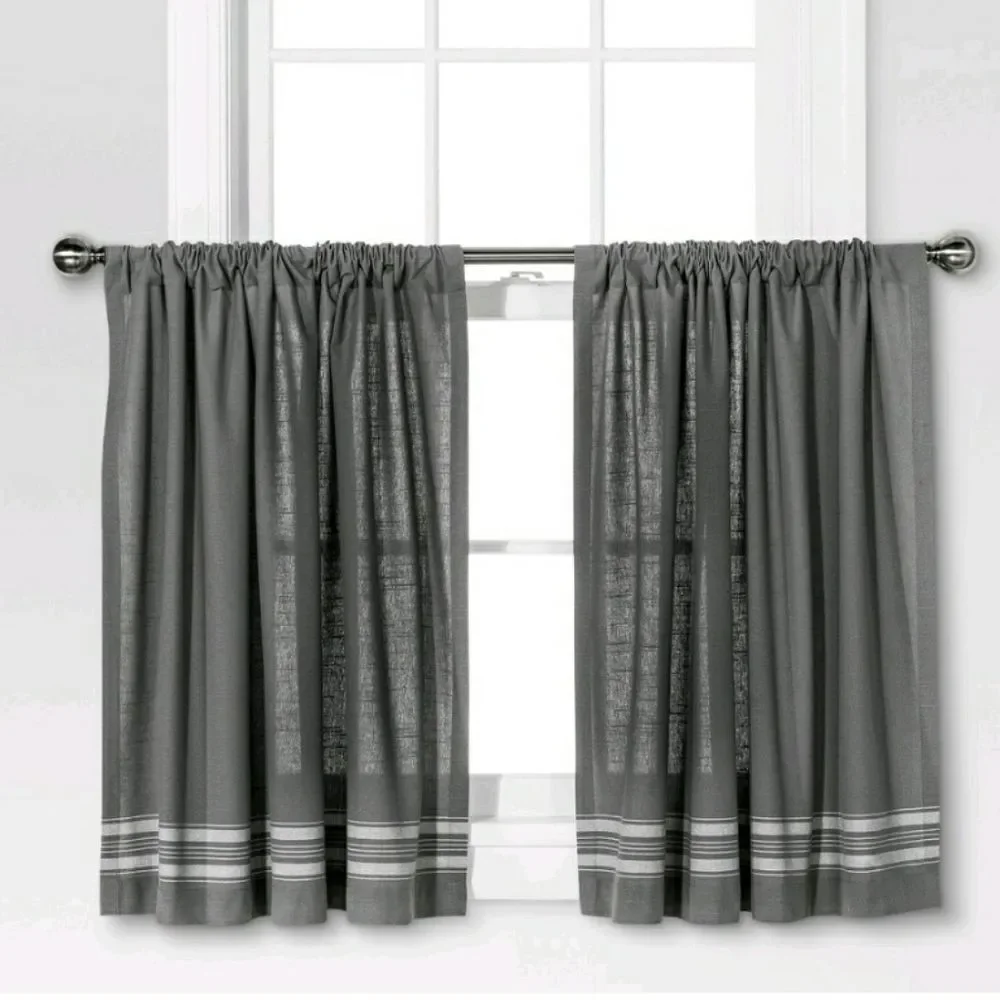 Striped curtain tiers grey with stripe cafe style pair